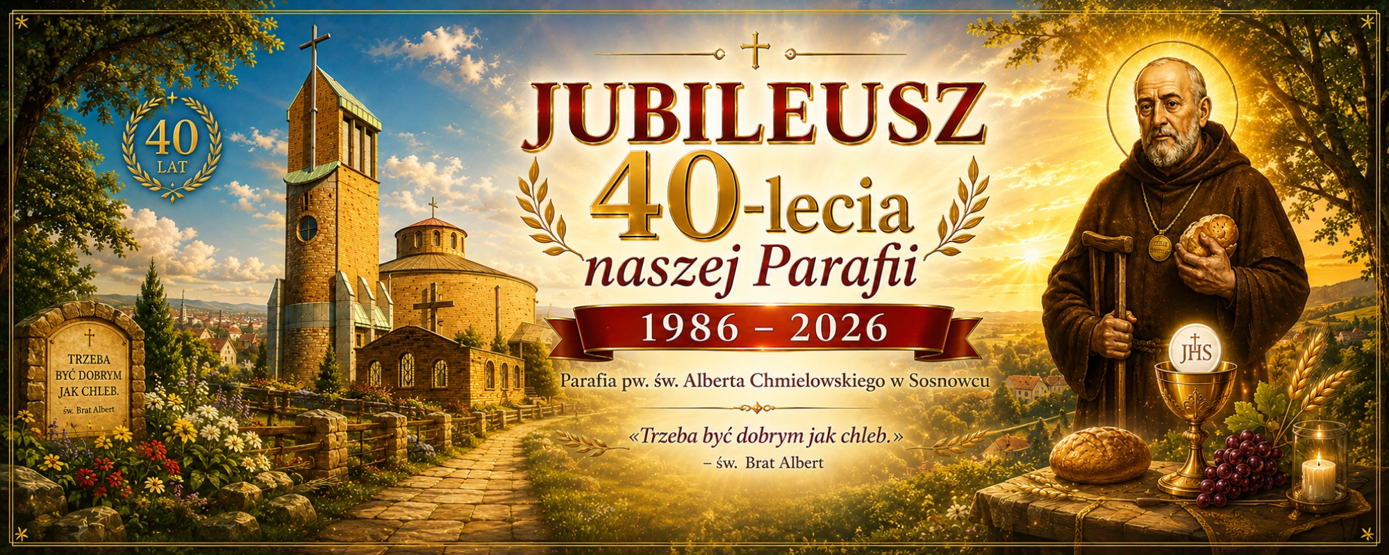 40 lat Parafii św. Alberta Chmielowskiego w Sosnowcu — jubileuszowy baner z ilustracją kościoła i Brata Alberta